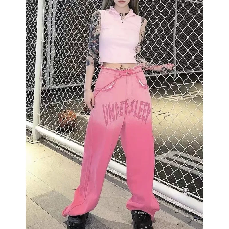 

Pink Denim Y2k Vintage Women Summer Retro Dopamine Wearing Jeans Oversized Loose Slim Straight Baggy Commuting Trend Pants New
