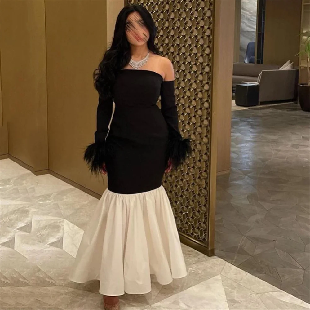 

MULOONG Elegant Strapless Feathers Full Sleeve Mermaid Long Evening Dress Floor Length Sweep Train Ruffles Prom Gown New 2023