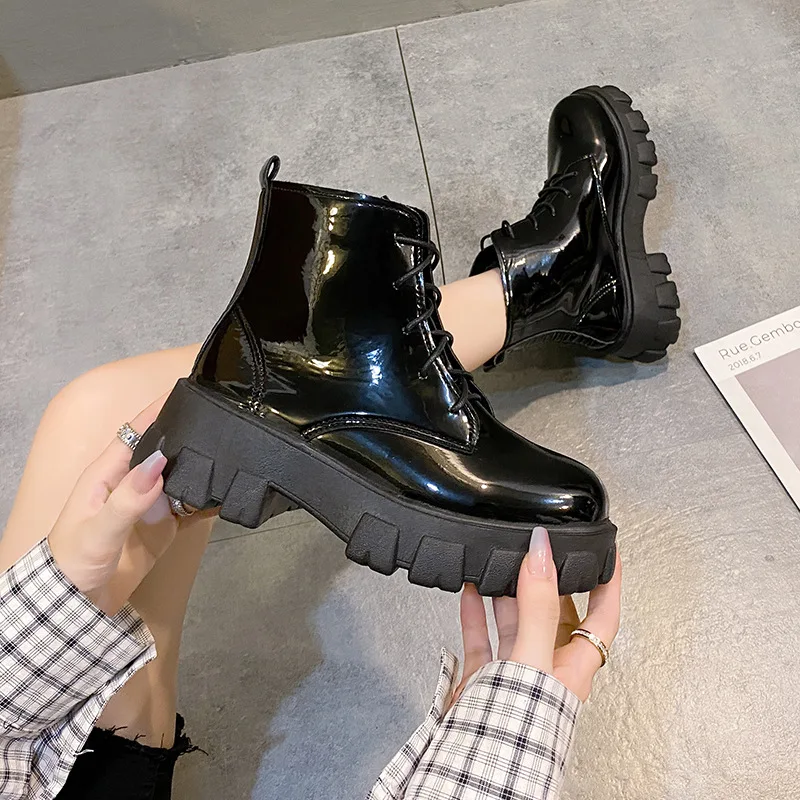 

Женские сапоги со шнуровкой, осенние сапоги на платформе с круглым носком, женские ботильоны в стиле «лолита» средней высоты, большой разме...