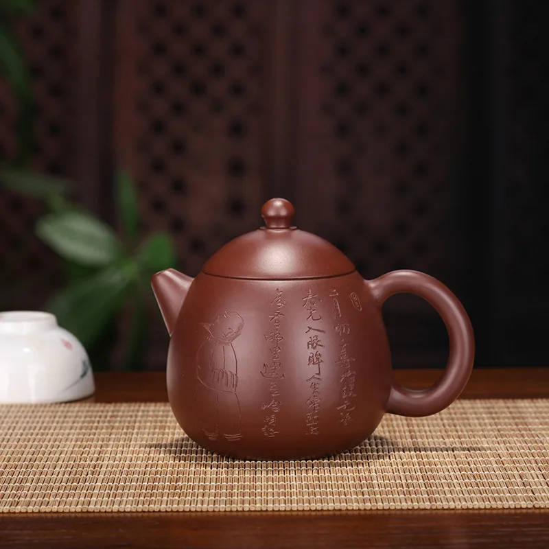 Фото Чайник-яйцо Dahongpao с резным узором в виде дракона и сутр, ручной работы из Исиня, для зеленого чая №1