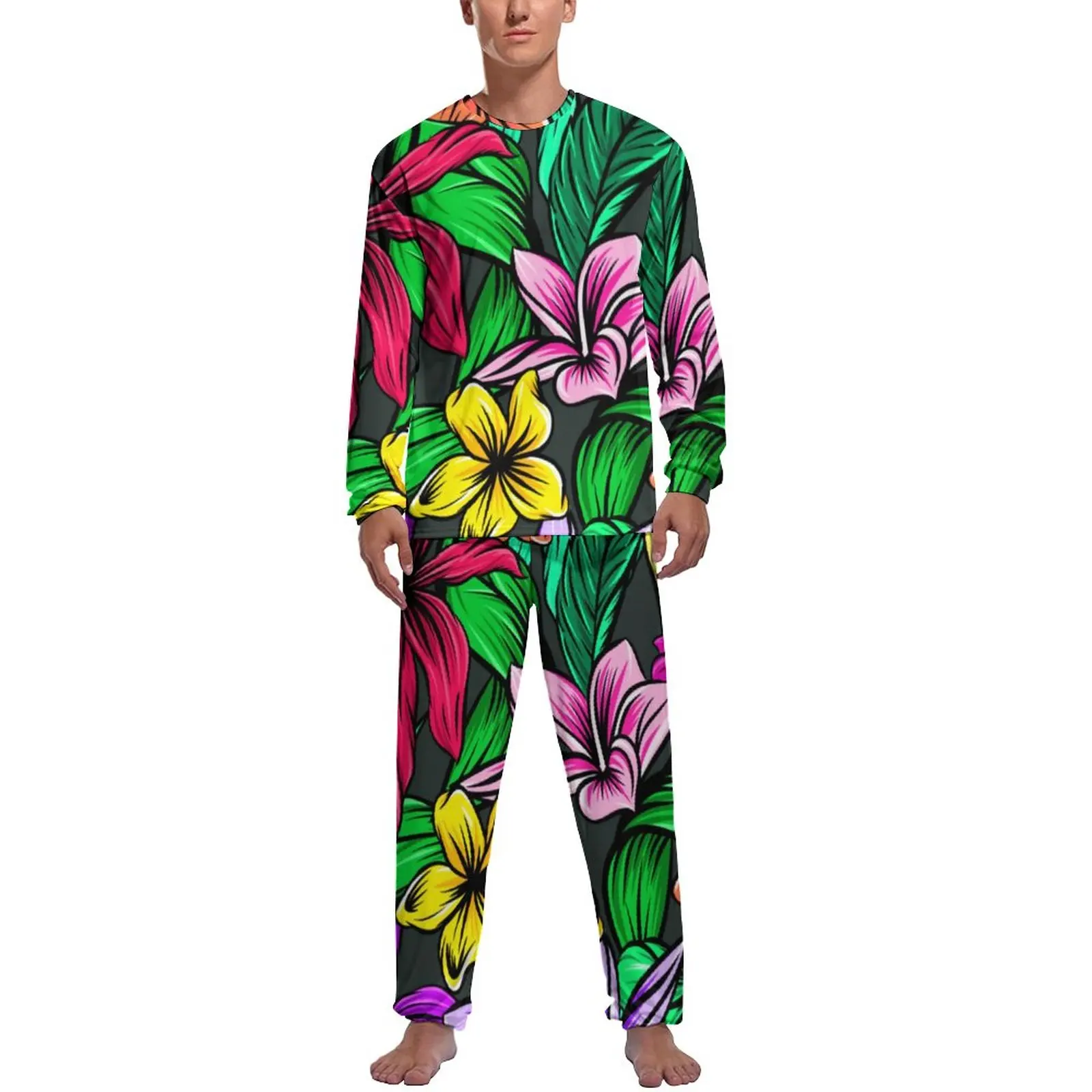 Tropical Pajamas Spring 2 Pieces Colorful Flower Print Retro Pajama Sets Men Long Sleeves Home Graphic Nightwear