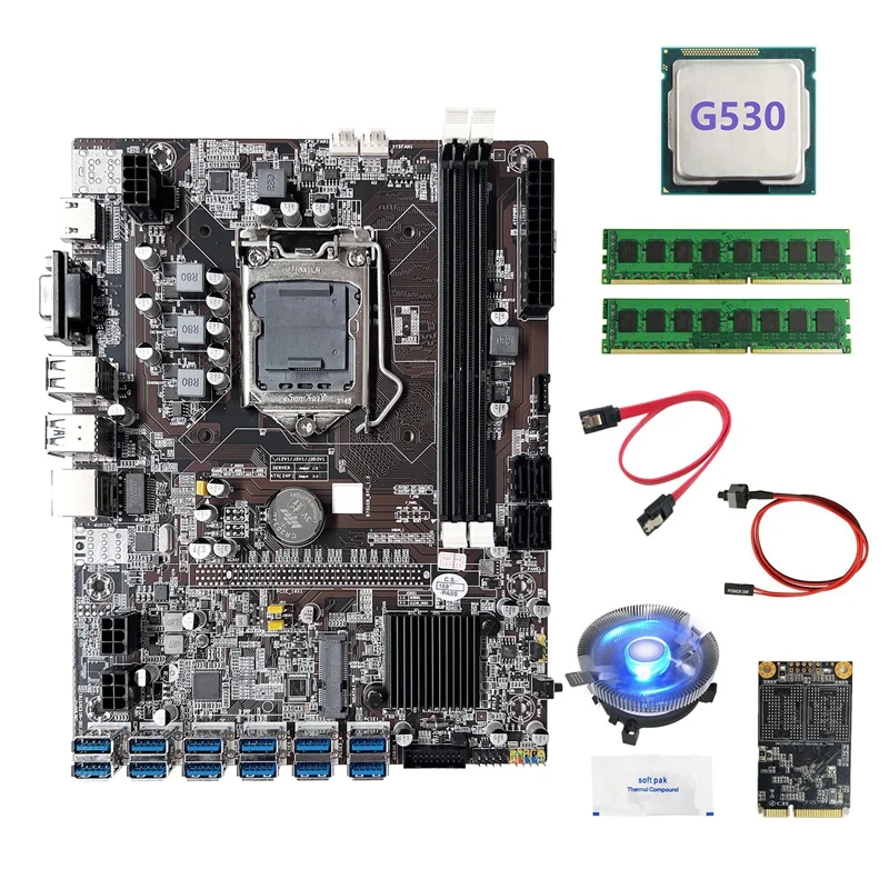 

B75 ETH Mining Motherboard 12USB+G530 CPU+2XDDR3 4GB 1600Mhz RAM+128G SSD+Fan+SATA Cable+Switch Cable+Thermal Grease