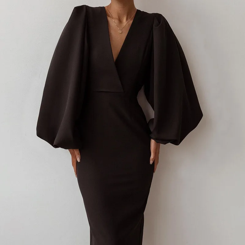 

Женское осенне-зимнее однотонное Модное Длинное Платье с сексуальным глубоким V-образным вырезом длинным рукавом-фонариком корсет с высоко...