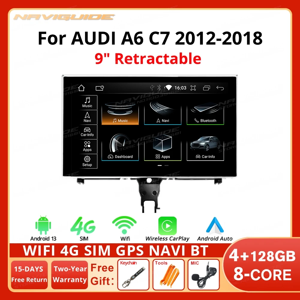 NAVIGUIDE Android 13 9-дюймовый 8-ядерный процессор для Audi A6 C7 2012-2018 LHD Wireless Carplay Auto Car Multimedia