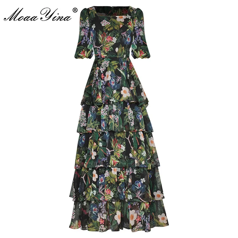 

MoaaYina Fashion Designer Summer Dress Square Neck Lantern Sleeves Cascading Ruffle Flower Print Vacation chiffon Dresses