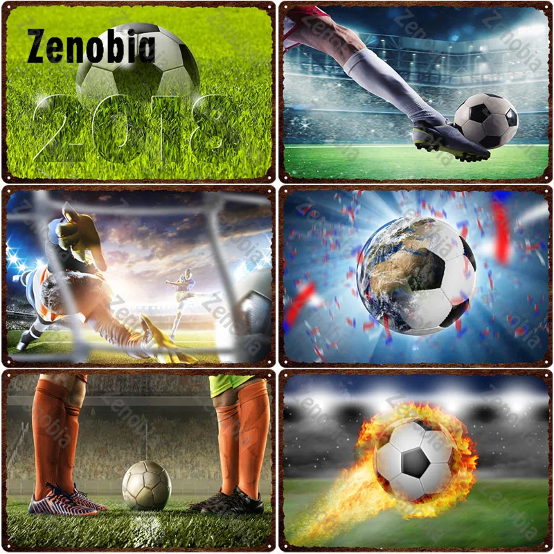 

Metal Sign Soccer World Cup Burning Football Metal Poster Tin Sign Goalkeeper Wall Stickers Retro Plaque Plate for Bar Pub Decor