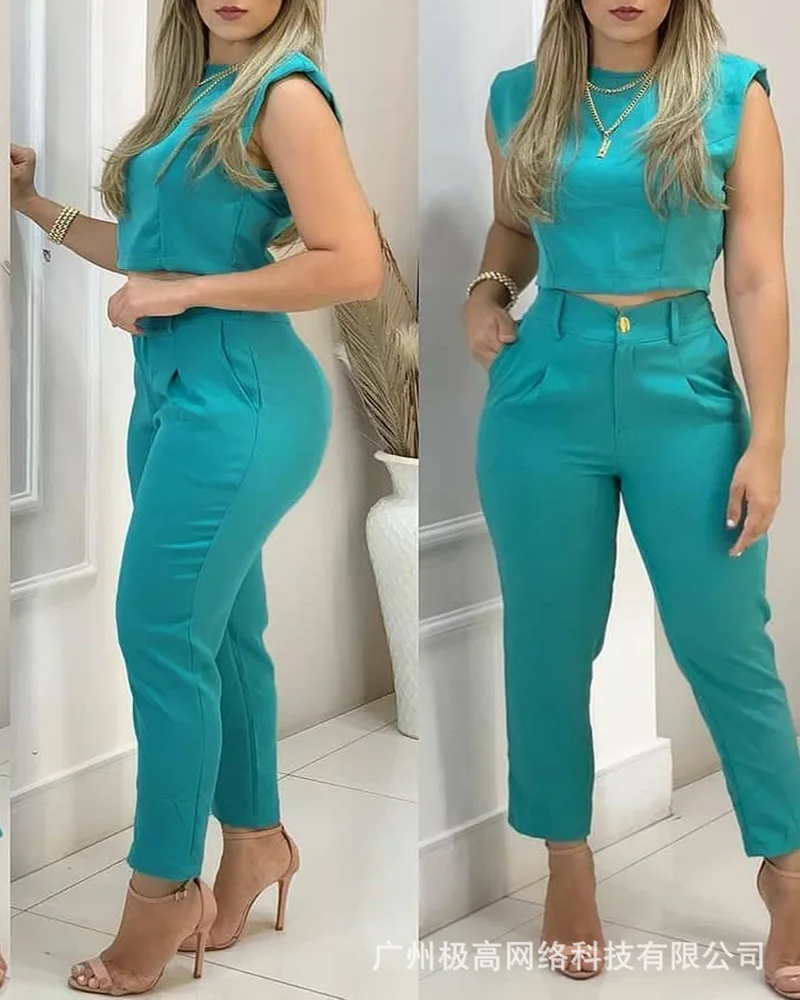 

Casual Sleeve Women Blue Pants Suit 2022 Summer New O Neck Tops Suit Fashion Office Lady Women's Tracksuit Set Two Piece Set