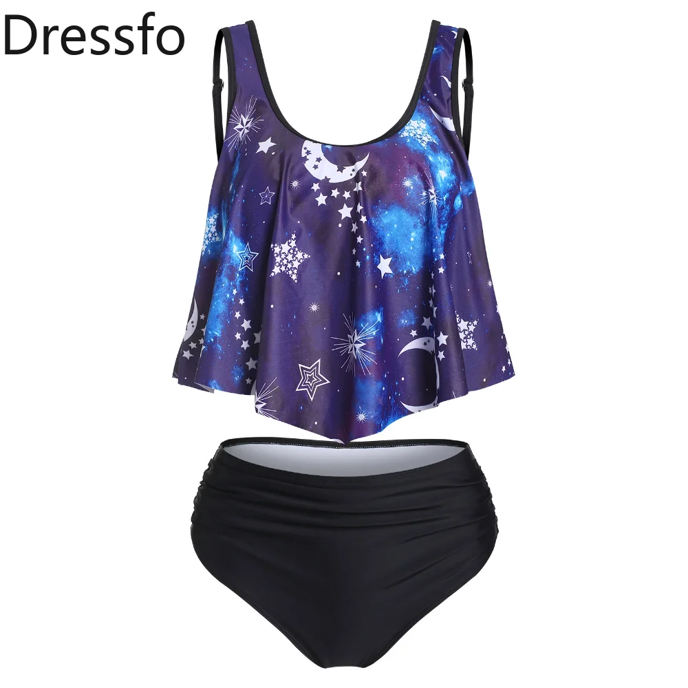 

Dressfo Tummy Control High Waist Tankini Swimsuit Galaxy Moon Star Print Flounce Ruched Beach Swimwear Bathing Suits Women 2023
