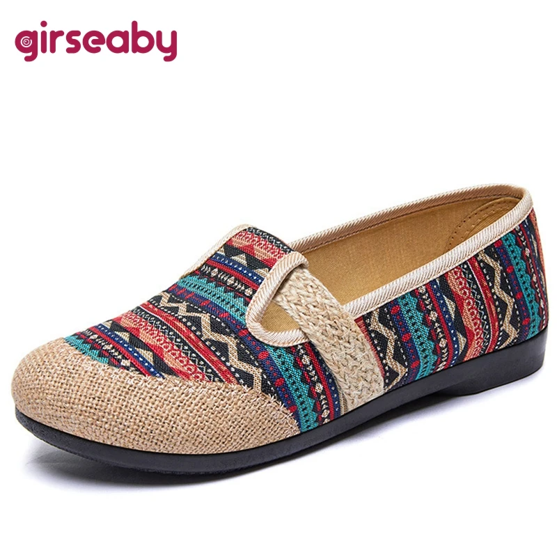 

Girseaby 2022 Fashion Ladies Flats Round Toe Slip-on Retro Linen Jute Strap Ethnic Printed Mix-Color Red Casual Spring S3517