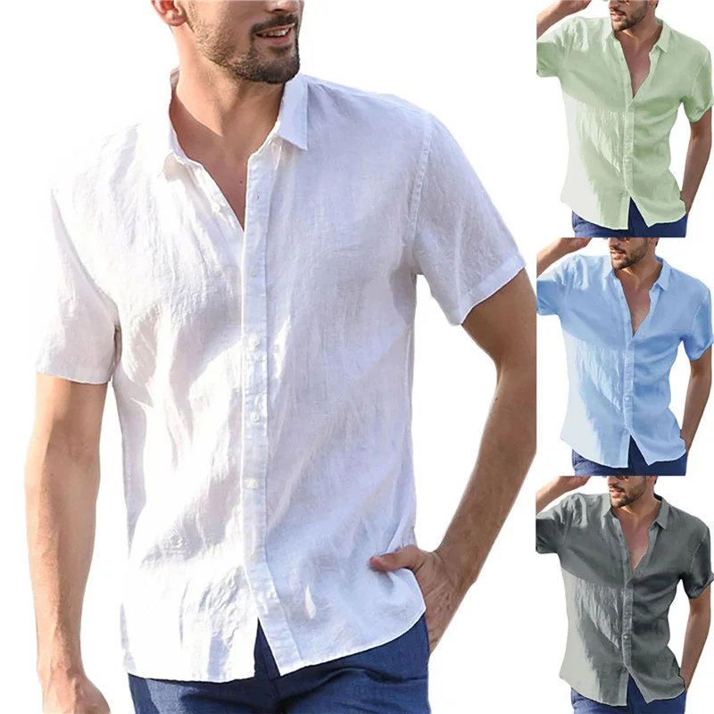 

ot Sale Men's Sort-Sleeved Sirts Cotton Linen Summer Solid Color Turn-down Collar Quick Dryin Casual Beac Style Plus Size