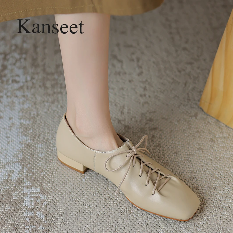 

Туфли Kanseet женские из натуральной кожи, Повседневная Удобная обувь на плоской подошве, квадратный носок, на шнуровке, ручная работа, черные, осень 2023