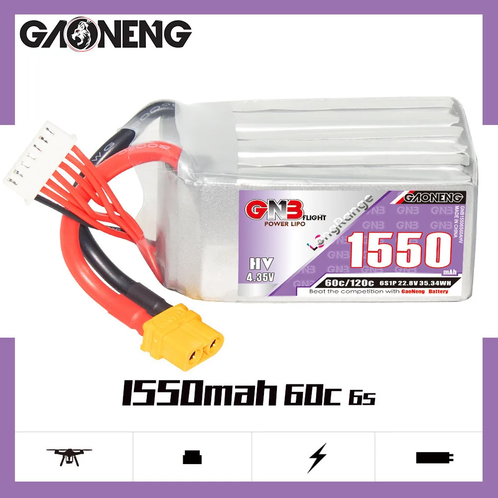 Литий-полимерный аккумулятор GNB 6S 22 8 в 1550 мАч 60C/120C для радиоуправляемого FPV дрона