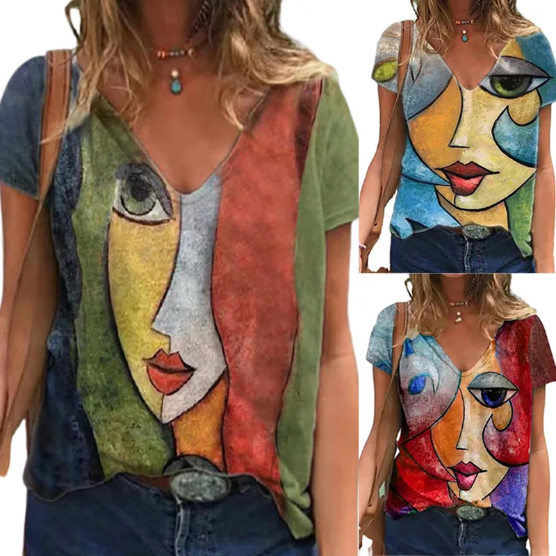 

Women's New Abstract Character Positioning Print V-Neck Pullover T-Shirt Women's Top