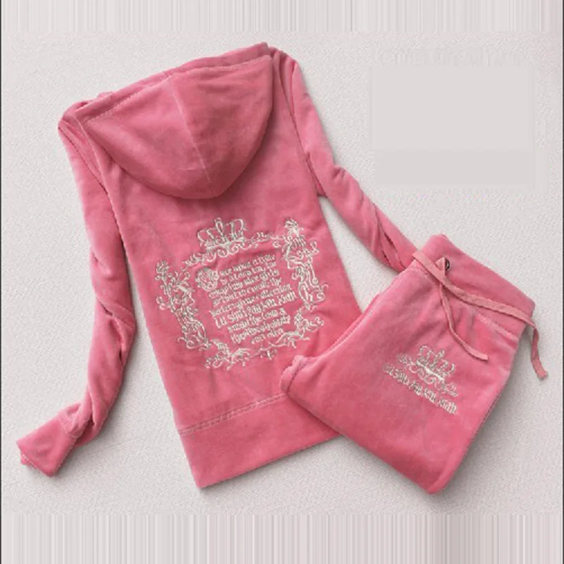 

Spring and Fall Velvet Tracksuit Two Piece Set Women Pink Outfit Velour Suit Hooded Top Joggers Casual Matching Ladies Sportwear