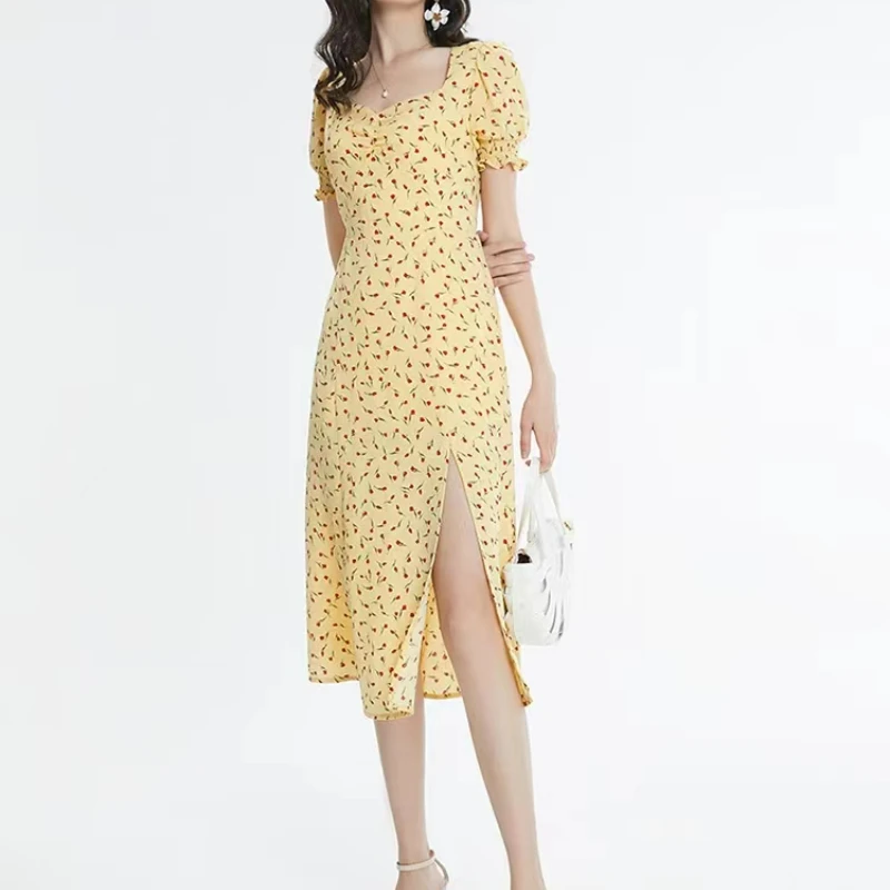 

New Women Clothing 2023 Spring and Summer Yellow Puff Sleeve Ladies Floral Side Slit Dress