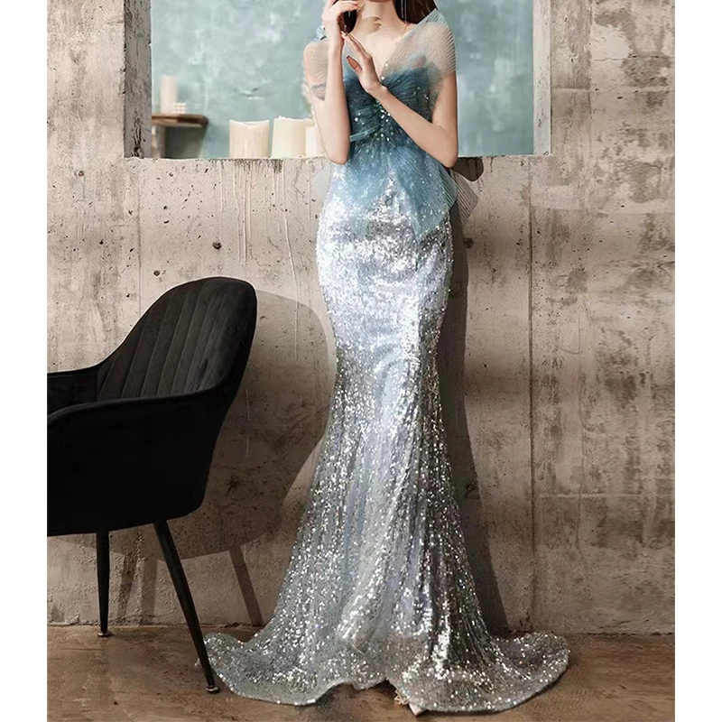 

Женское вечернее платье-русалка, длинное блестящее платье без бретелек со шлейфом и блестками, для выпускного вечера, 2022