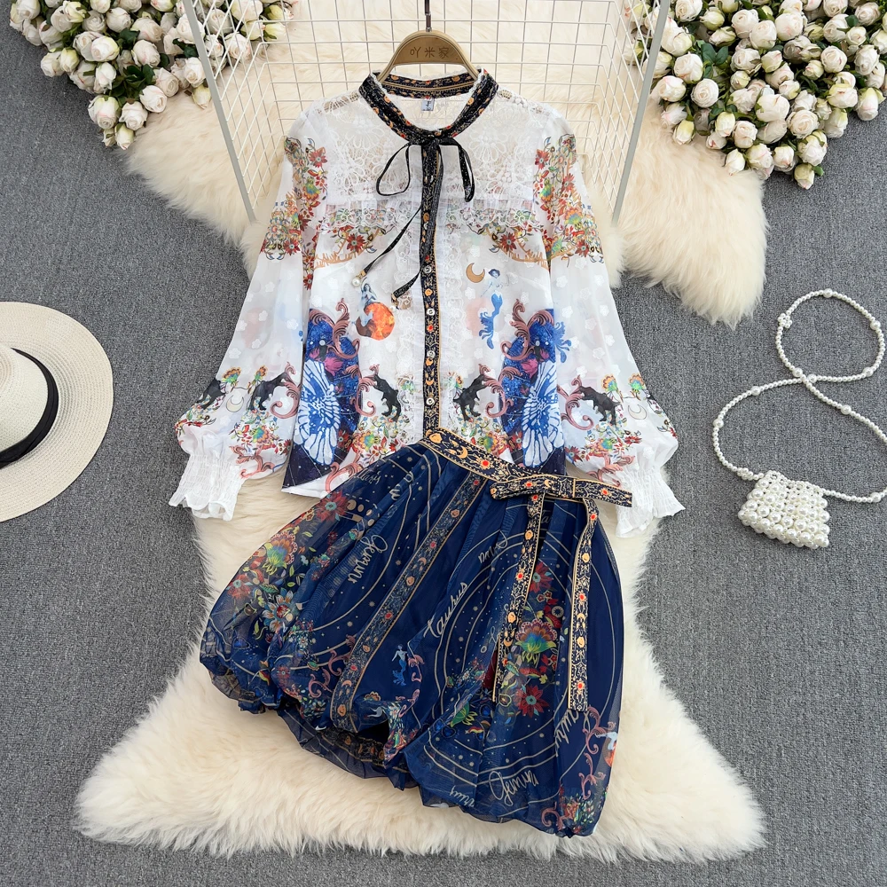 

Women's Vintage Two Pieces Chiffon Skirt Suit Lady Spring Summer Chic Lantern Sleeve O Neck Single Breasted Shirt + Mini Skirt