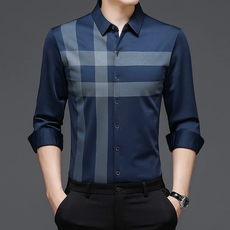 Autumn Winter Casual Striped Design Vintage Shirt Man Long Sleeve Business Patchwork Design Blouse Male All Match Homme Clothes