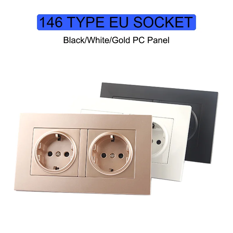 

EU Standard White/Black/Gold Wall Sockets Power Outlets 146mm * 86mm PC Power Panel AC 110V~250V Double Frame Wall Outlet