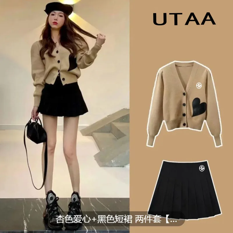 Spring 2023 new UTAA solid color lapels loose short golf coat loose Joker hem drawstring coat+short skirt ladies suit