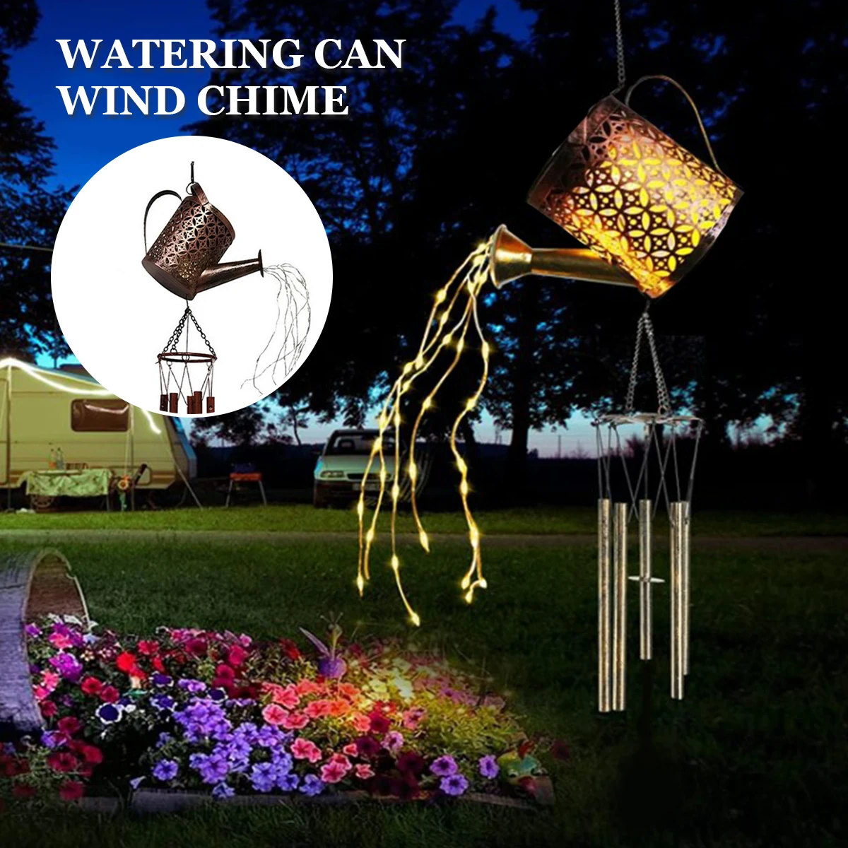 

Solar Watering Can Wind Chime Fairy Lights Hanging Solar Lanterns Wind Chimes with Built-in Light Sensor Waterproof Metal Wind