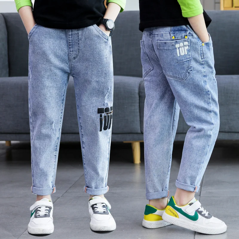 

Boys Print Ripped Frayed Wash Patchwork Jeans New Spring and Autumn Teen Jeans Stretch Fashion Casual Quality Straight Trousers