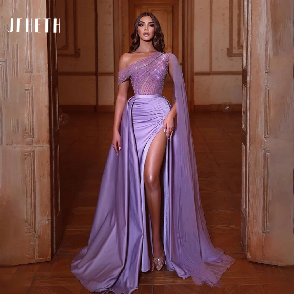 JEHETH One Shoulder ASYM Bodice With Crystals Beading Prom Dress See Through Purple Elegant Evening Dress Vestido Longo Feminino