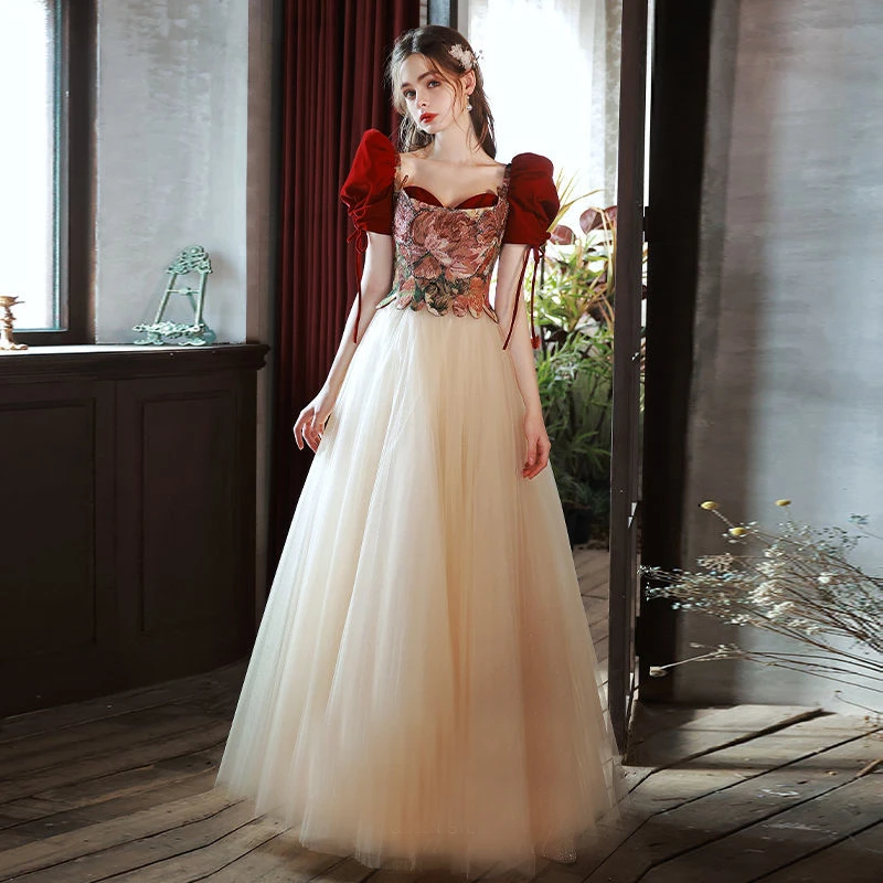 

Women's Summer 2022 Wedding Clothes Embroidery Elegant Bubble Sleeve Skirt Midi Dress Party Sweet Dresses Clothing