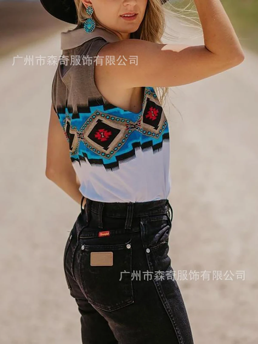 

Футболка женская с этническим принтом, повседневный Свободный Топ без рукавов, с V-образным вырезом, с лацканами, в ковбойском стиле, в запад...