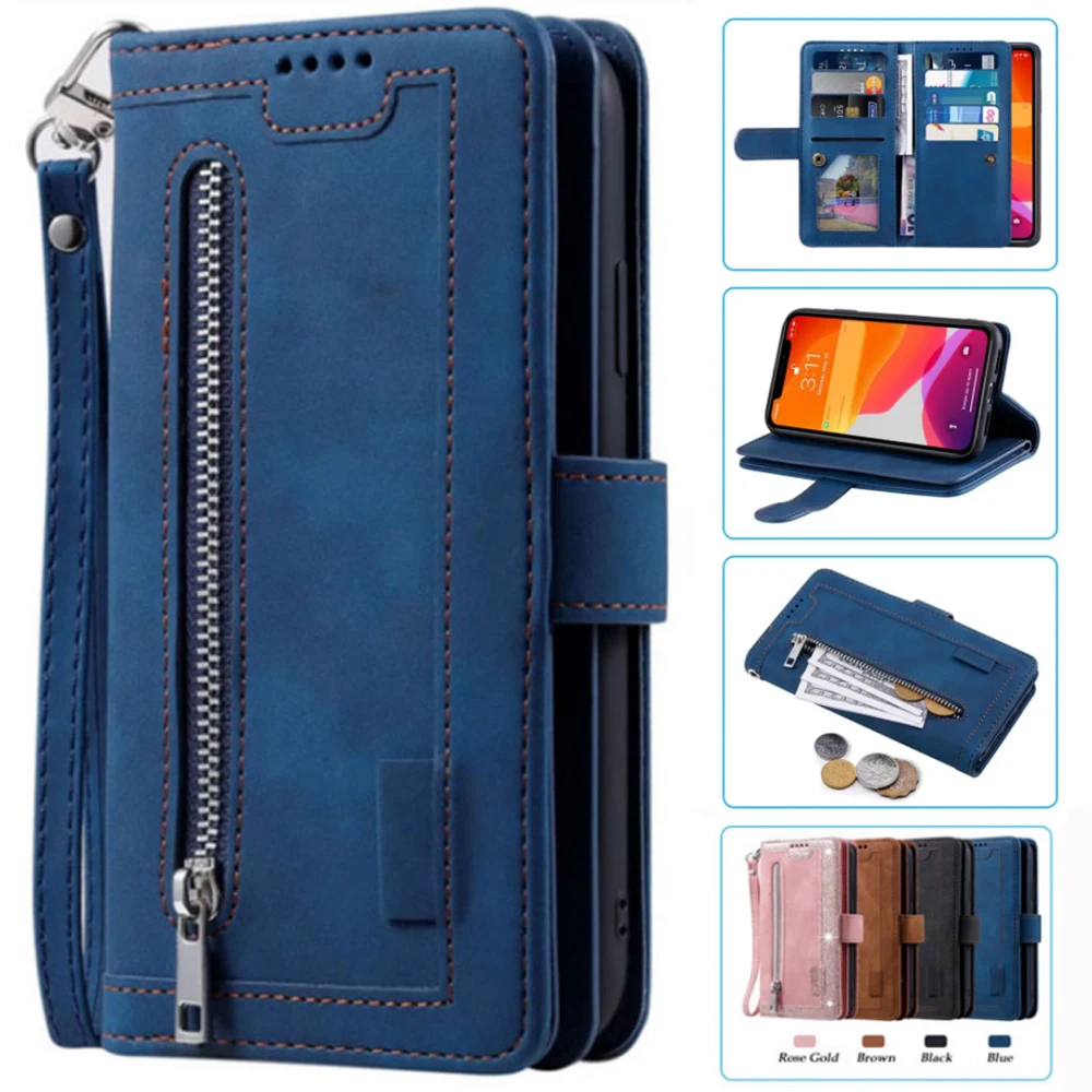 

For Xiaomi Poco F4 Case Card Slot Zipper Flip Folio with Wrist Strap For Xiaomi Poco F4 Cover 9 Cards Wallet Case