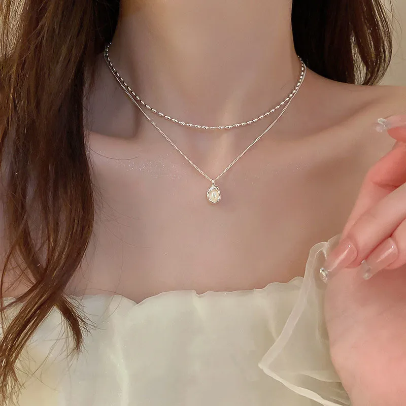 

French Simple Irregular Pearl Double Layer Necklace Fashionable Ins Versatile Collar Chain Elegant Necklace Adornment for Women