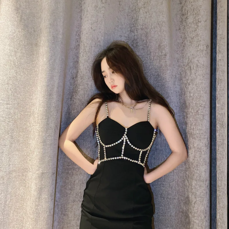 

Sexy Dress for Women Sleeveless Sheath Nightclub Dress 2022 Summer New Corset Dimaonds Shiny Short Grunge Bodycon Black Dress