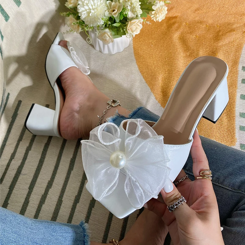 Женские сетчатые шлепанцы Kcenid на квадратном каблуке с цветами женские