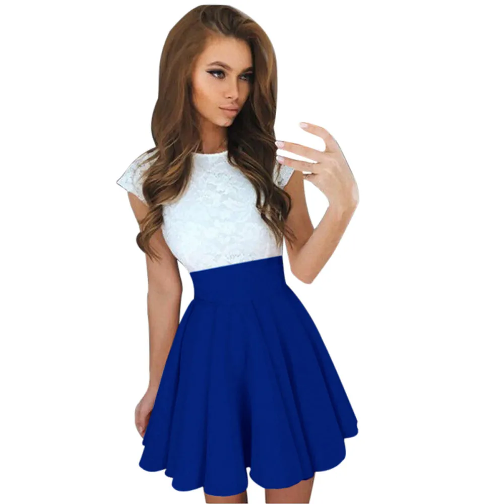 

Womens Lace Party Cocktail Mini Dress Ladies Summer Short Sleeve Skater Women Black Evening Dress White Ruched Dress for Women
