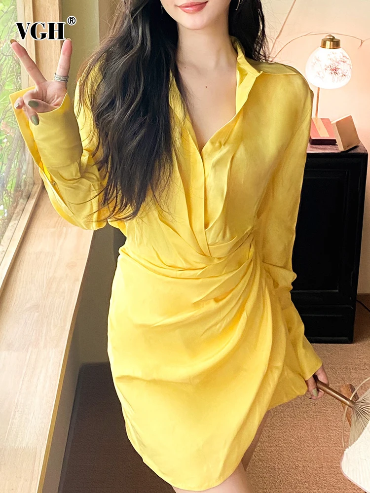 

VGH Minimalist Dresses For Women Lapel Long Sleeve High Waist Mini Patchwork Button Pullover Elegant Dress Female Summer 2023
