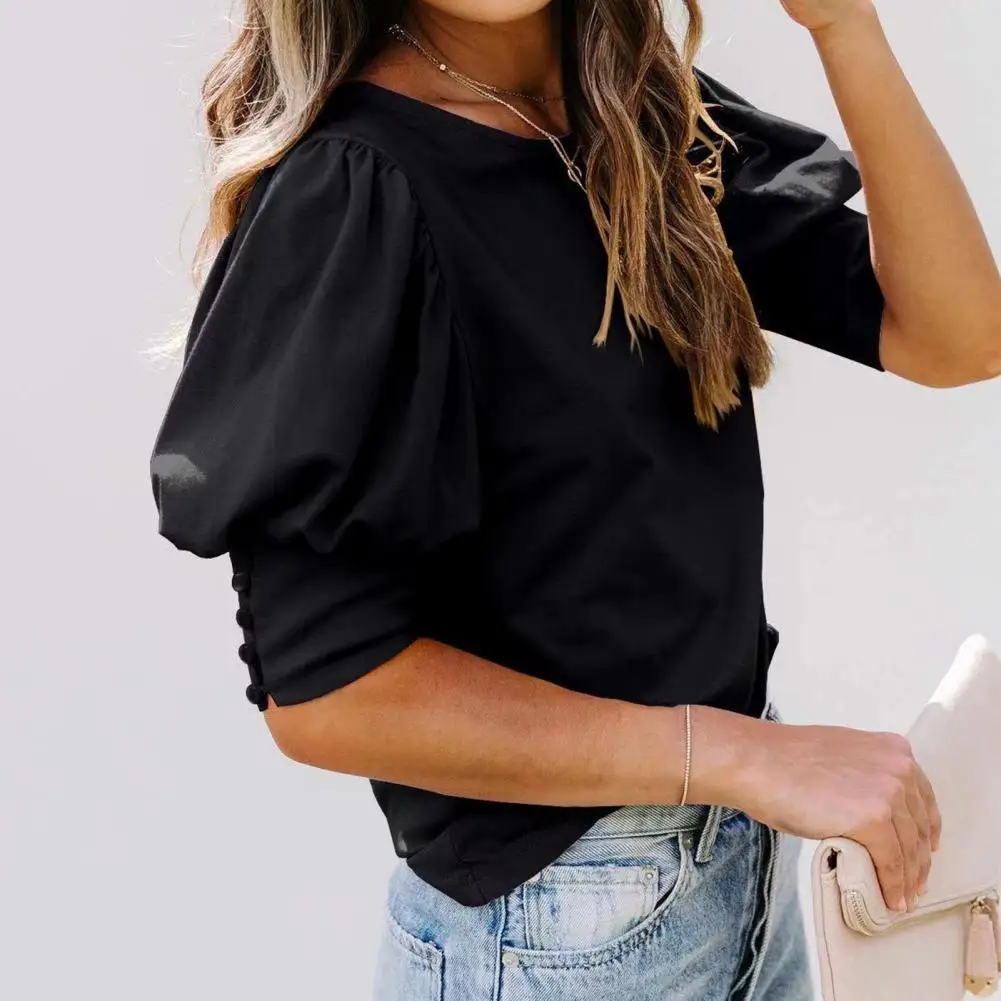 

Lady Fall Blouse Ol Style Top Soft Breathable Women's Summer Top with Lantern Sleeves Round Neck for Commute Ol Style