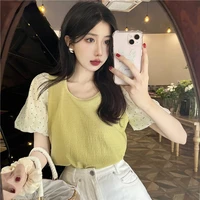 puff sleeve t shirts women preppy style fashion gentle loose patchwork sweet new summer korean design casual o neck temper lady