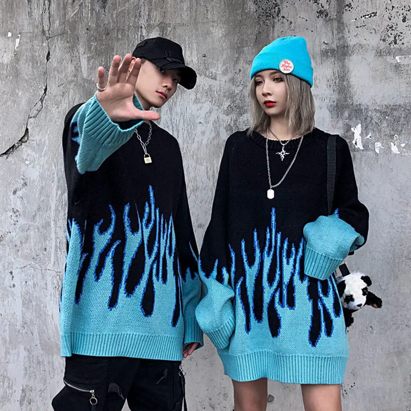 2022 Loose Pullover Women's Blue Flame Knit Sweater Streetwear Top Casual Couple Sweater Unisex High Street images - 6