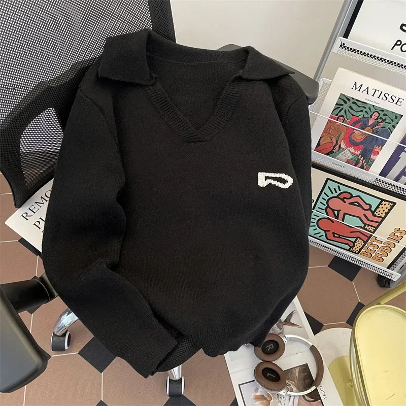 Вязаный пуловер с v-образным вырезом в американском стиле повседневный