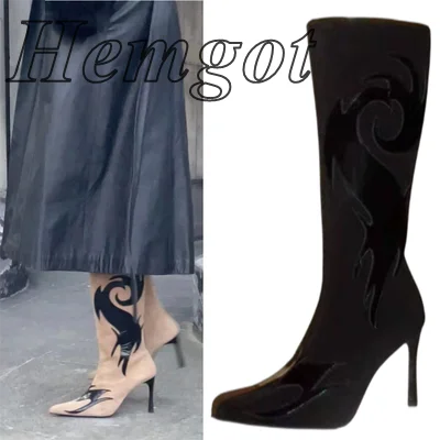 

2022 New Fashion Retro Matte Leather Color Matching Pointed Stiletto High-top Knight Boots High-heel Catwalk Women's Boots