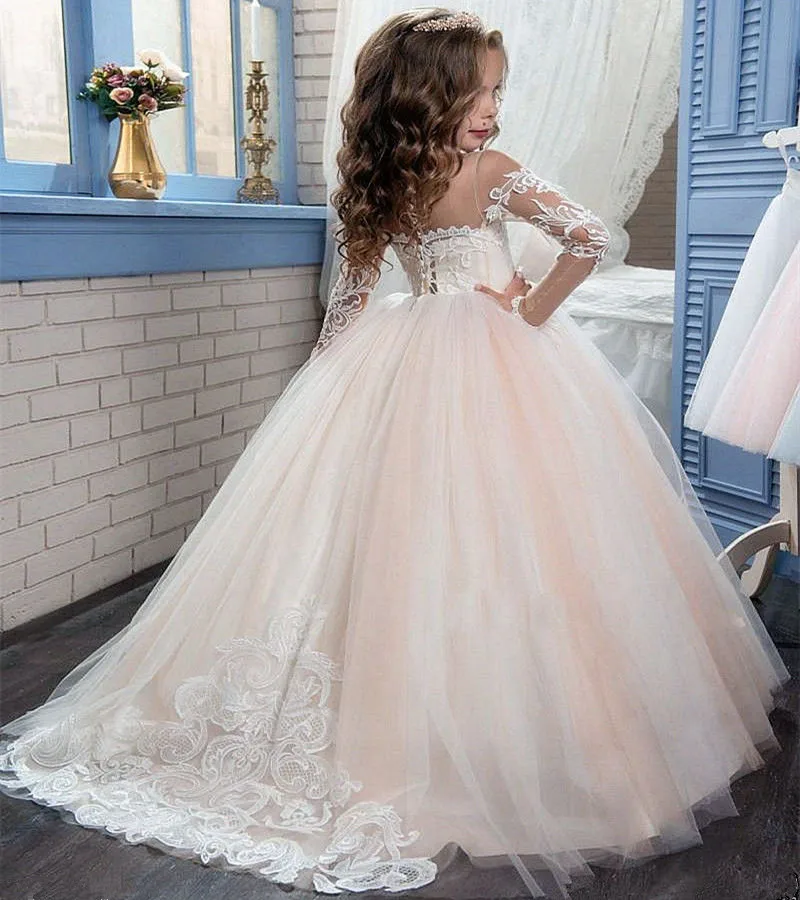 

Pageant Kids Long Sleeve Lace Kids Flower Girl Dresses For Wedding Sweep Train Princess First Communion Gown For Birthday Party