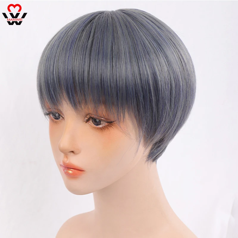 MANWEI Gray blue Men's Wigs Short Straight With Bangs Synthetic Wig for Women Male Boy Cosplay Anime Party Daily Wig