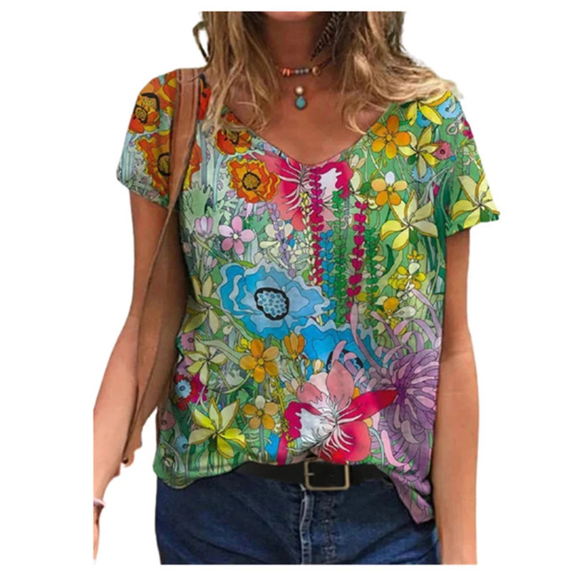 

Women 3D Abstract Plant Flowers T Shirt Summer Short Sleeve V-Neck Loose Tops Oversized Ladies Casual Street Tee Plus Size