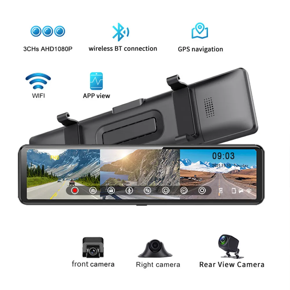 

12-дюймовый видеорегистратор CarPlay, видеорегистратор с ЖК-экраном, видеорегистратор с 3 камерами, беспроводная глобальная сеть, GPS-навигация, м...
