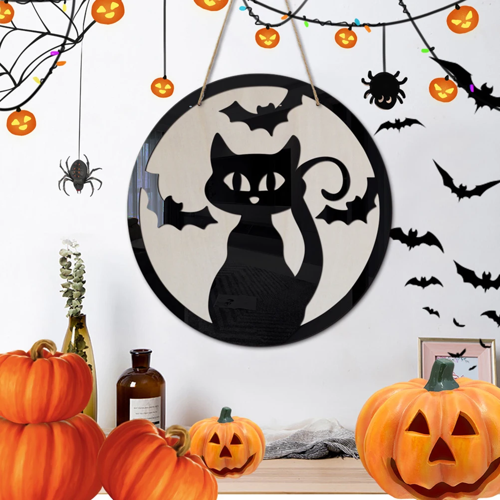 Хэллоуин дверной знак деревянный подвесной с рисунком котенка для входной двери
