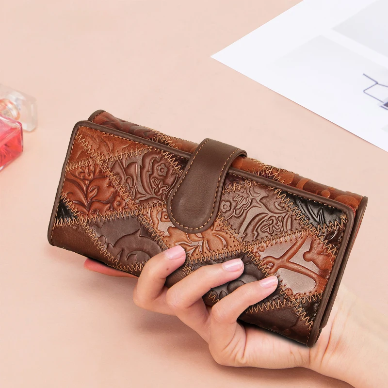 New Women's Purse Retro Women's Leather Wallets Long Cover Wallets Card Holder Phone Bag Embossed Floral Ladies Purse