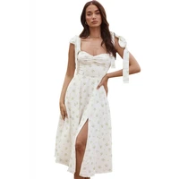 summer spring floral dress womens sexy casual fashion sundress midi slip backless pleated slit white yellow lace up flowers