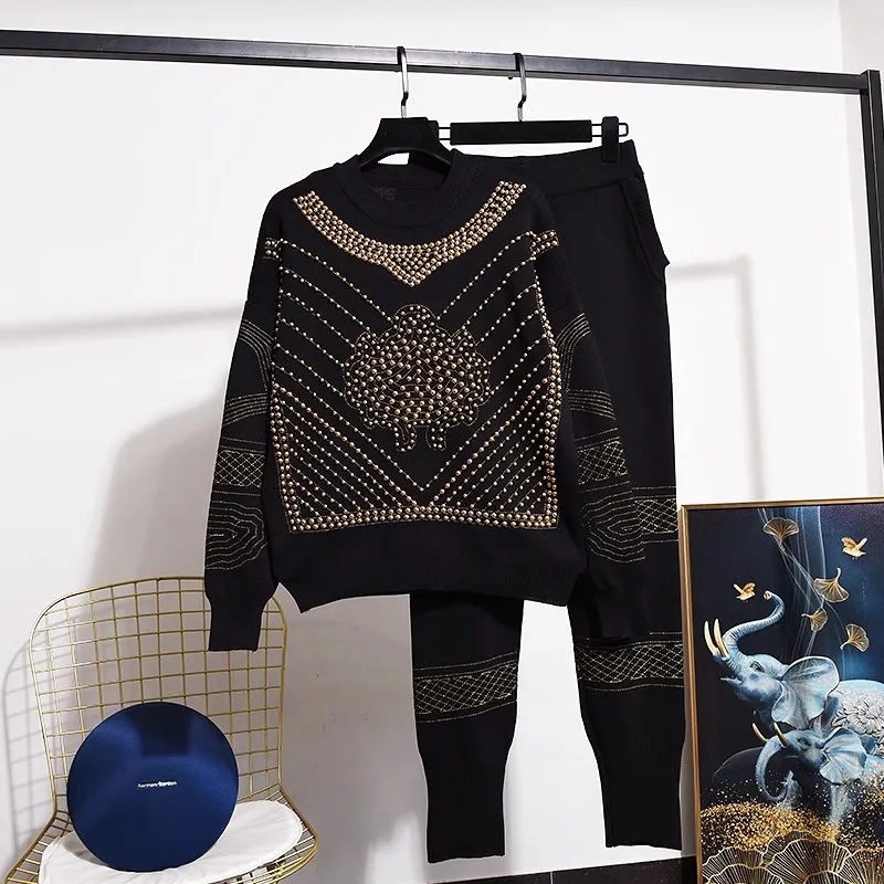 

Knitted Set Women 2024 Autumn And Winter New Beaded Pullover Sweater Tops + Casual Slim Pants Two-Piece Set Ladies Outfits W139