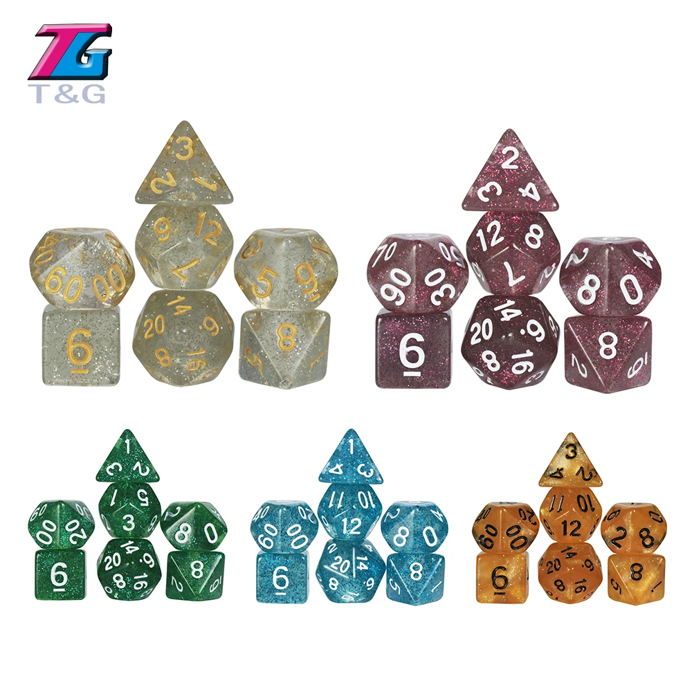 

T&G 7pc/lot Colorful Glitter Dice Set D4,6,8,10,10%,12,20 Dnd Rpg TRPG Digital for Board Game,educational Accessories