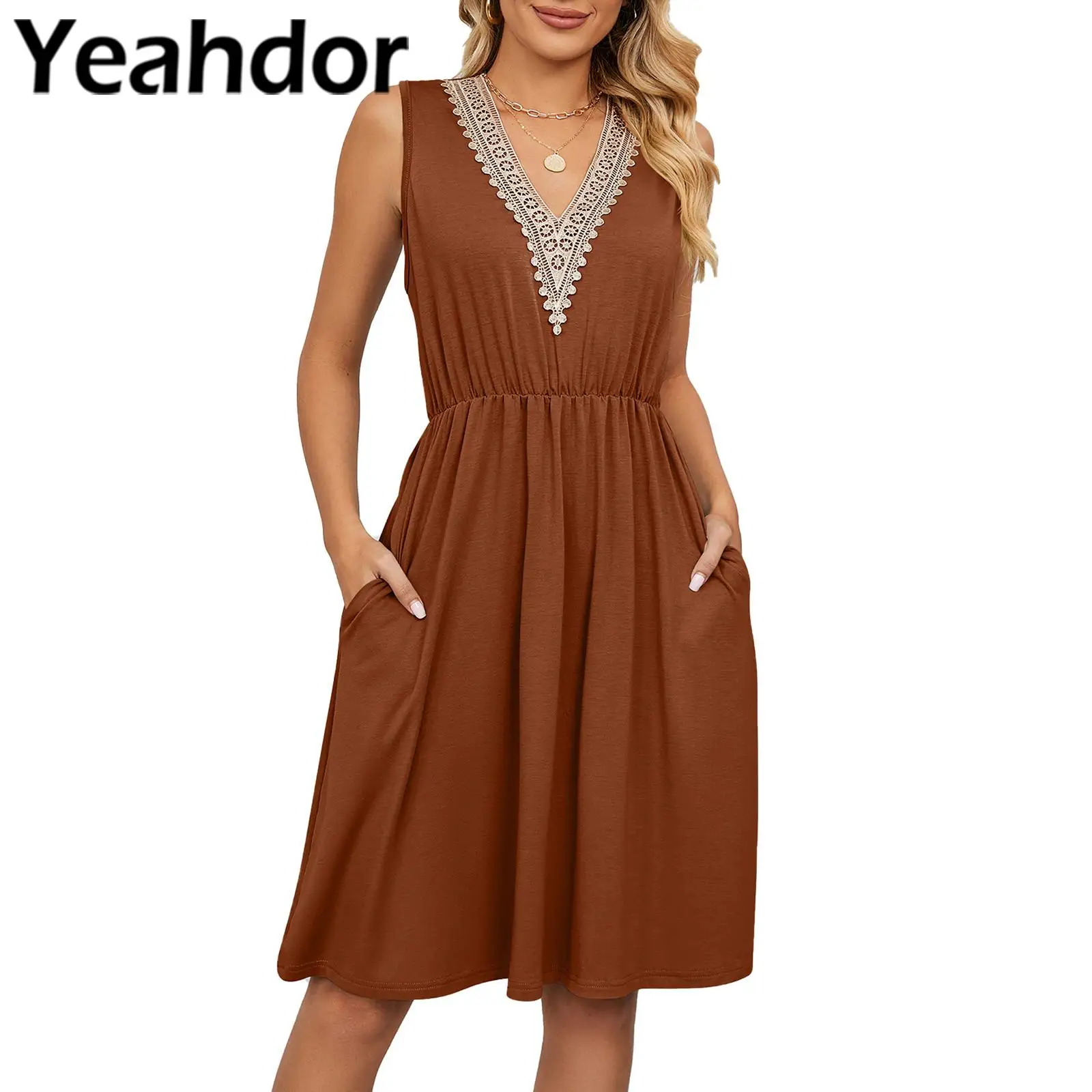 

Summer Women's Dress Boho Style Solid Color Dress Elegant Vintage Lace Trim V Neck Sleeveless Dress for Beach Vacation Evening